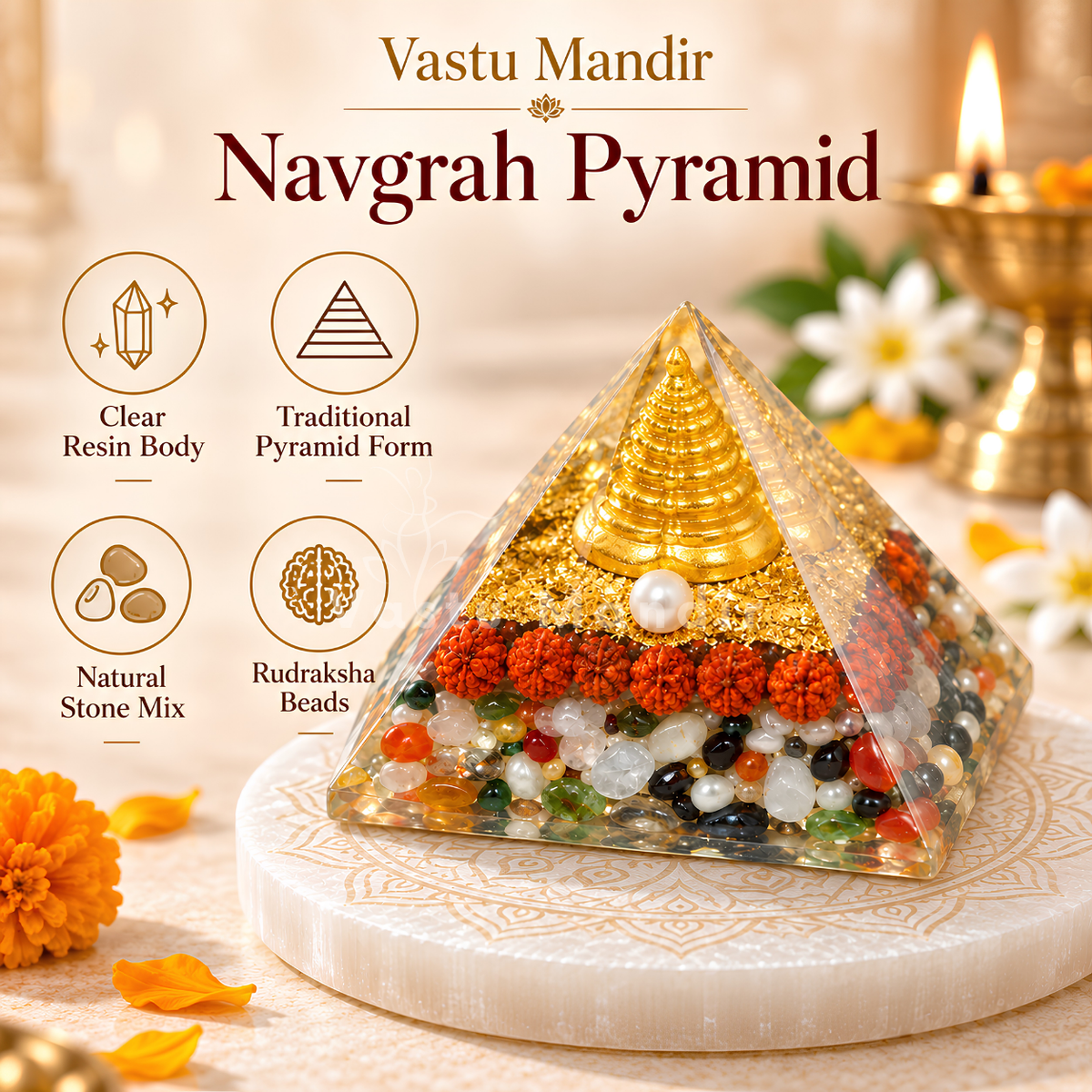 Navgrah Pyramid Vastu Remedy for Astro-Vastu Balance, Health, Wealth and Relationship Harmony for Home, Office and Zodiac Energy Support | 8 cm | 160 g