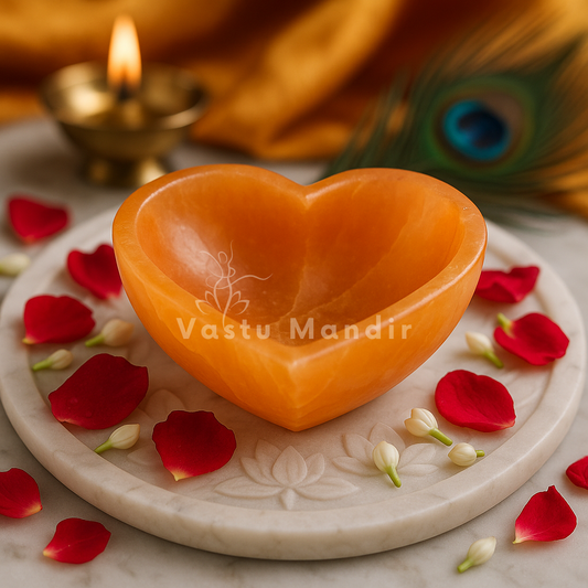 Heart-shaped orange Selenite Bowl on a decorative plate with red petals and a peacock feather in the background.