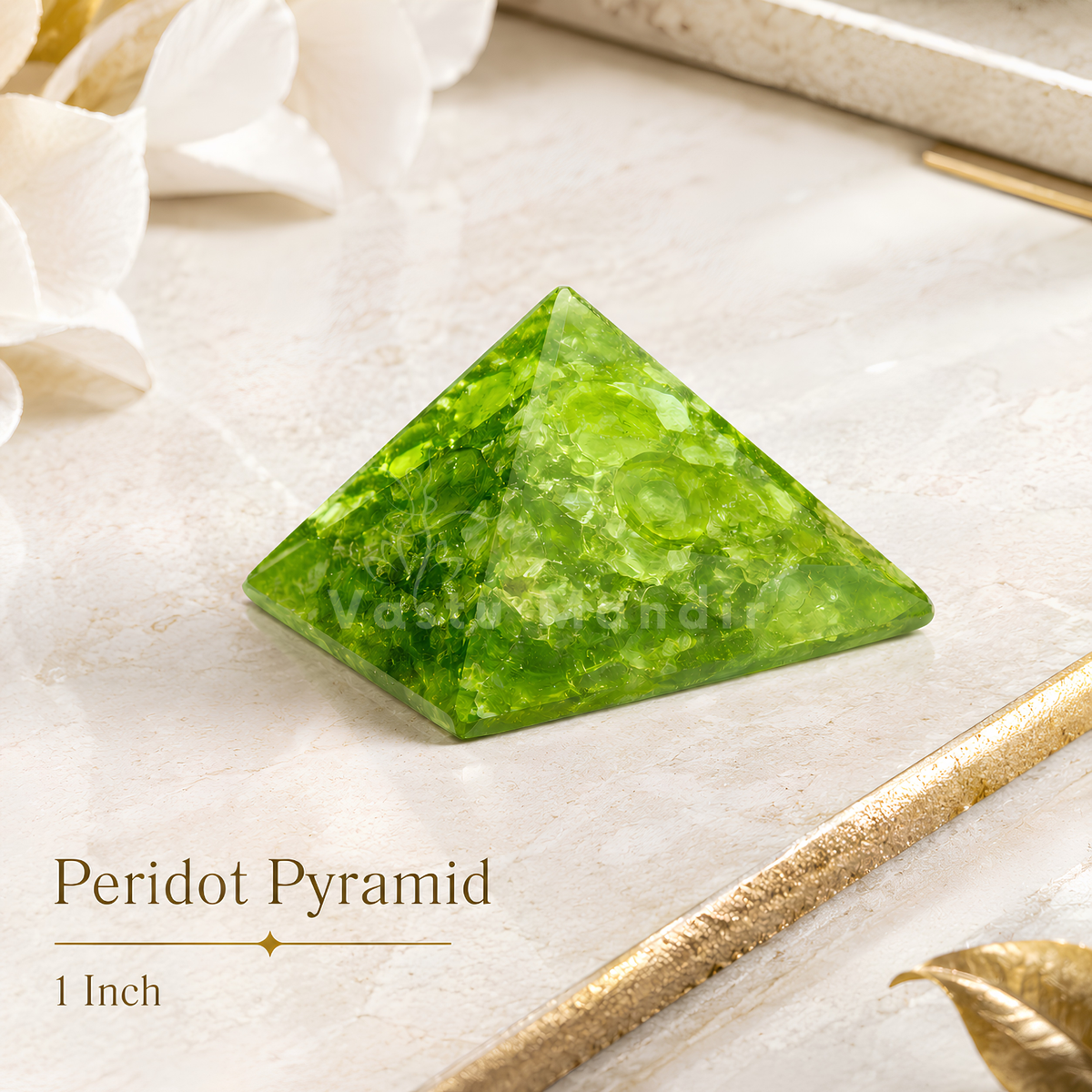 Peridot Orgone Pyramid, orgonite – detail view of the base and layered construction