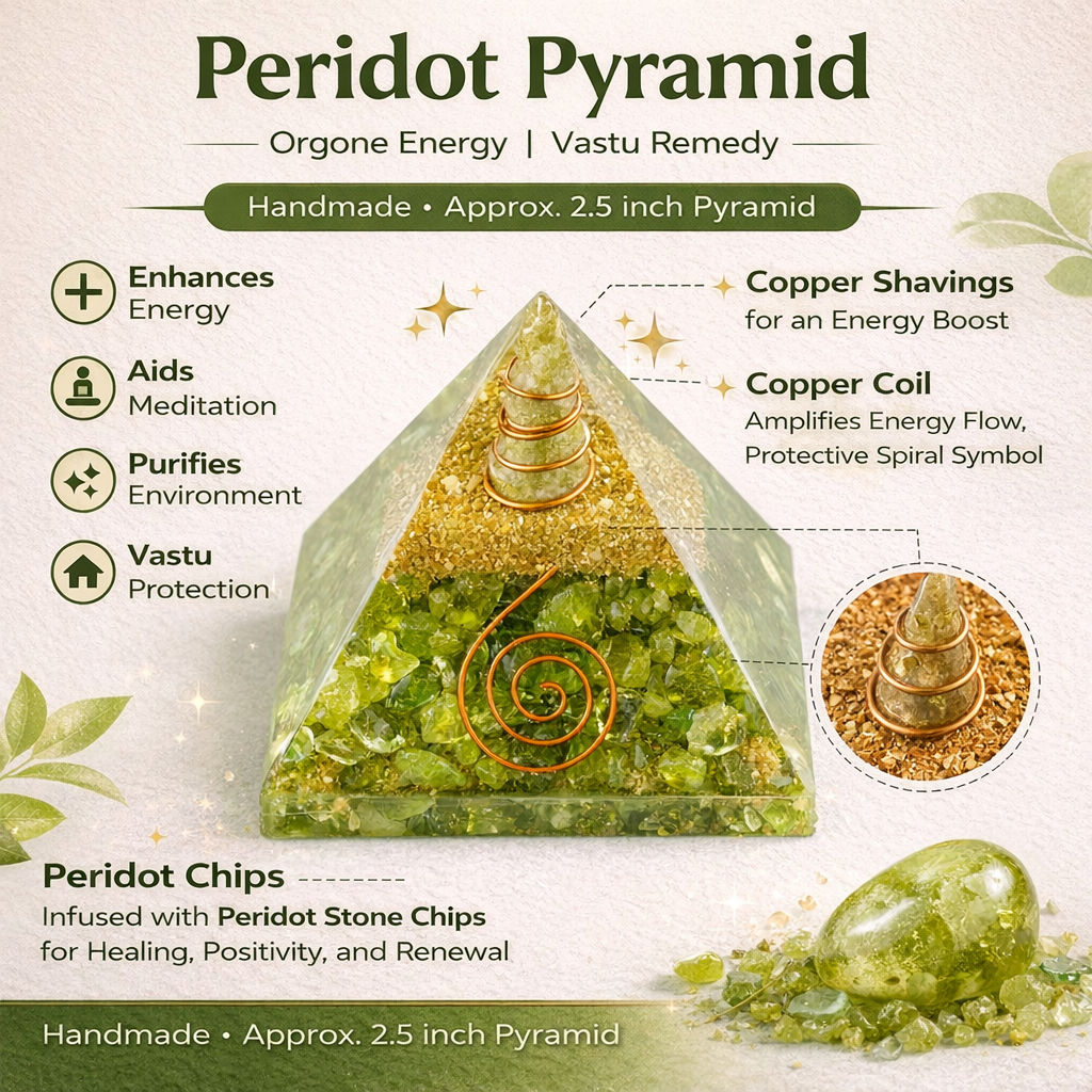 Infographic of a Peridot pyramid with Copper shavings and copper coil, labeled for energy enhancement and purification.
