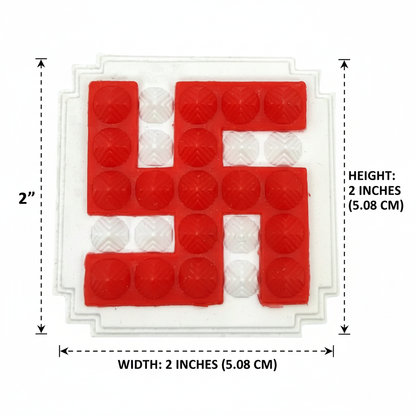 Red Plastic Pyramid Swastik on White Base  with dimensions on a white background