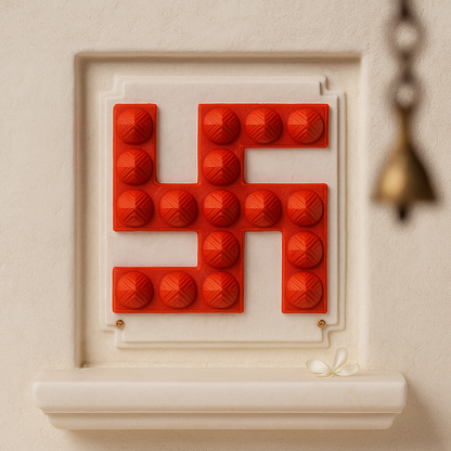 Plastic Pyramid Swastik By Vastu Mandir on a beige wall with a gold bell.