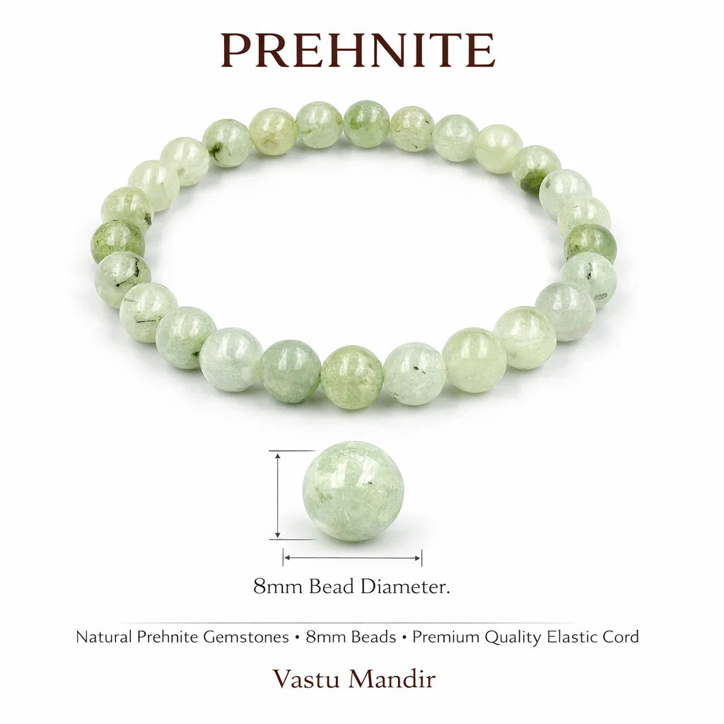 Prehnite bracelet with 8mm beads on a white background, featuring Vastu Mandir branding.