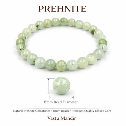Prehnite bracelet with 8mm beads on a white background, featuring Vastu Mandir branding.