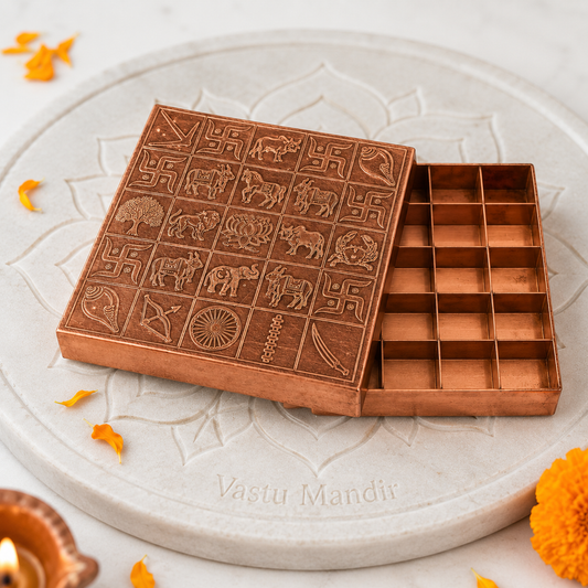 Open copper Manjusha box with partition compartments and embossed lid