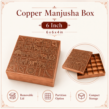 Pure copper Manjusha box without partition in three-quarter view