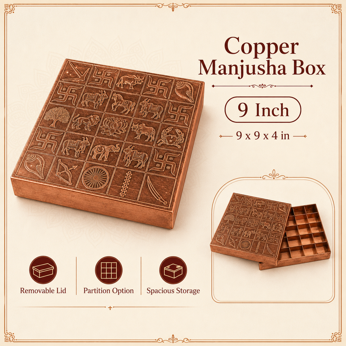 Copper Manjusha box with partition showing engraved lid and interior
