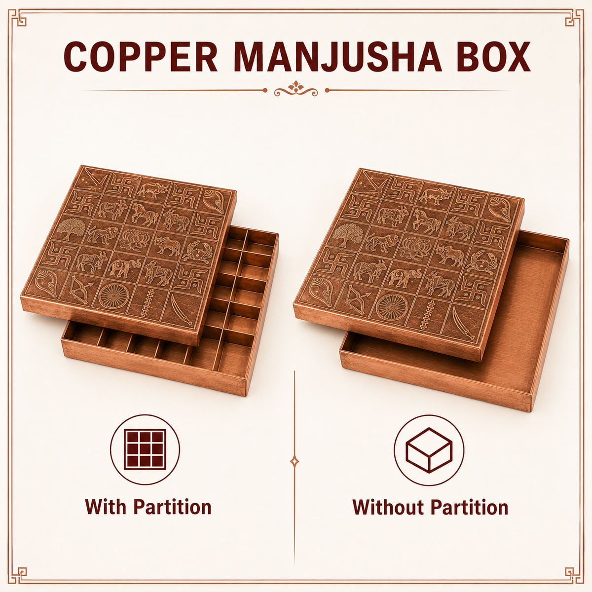 Pure copper Manjusha box detailed view with sacred engraved symbols