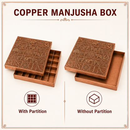 Pure copper Manjusha box detailed view with sacred engraved symbols