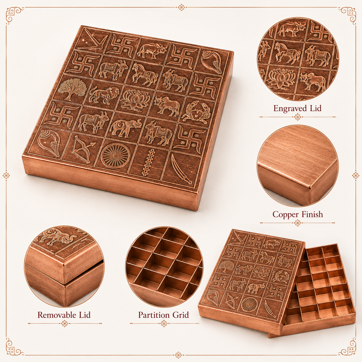 Copper Manjusha box size and partition format infographic