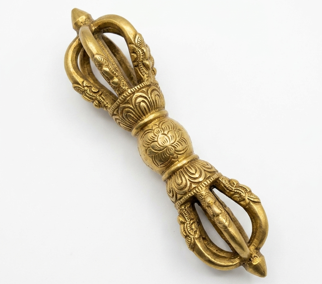 Large pure brass Vajra Dorje isolated diagonally on white background