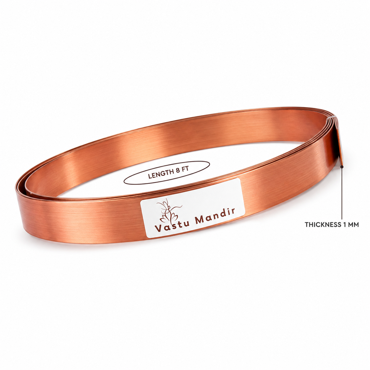 Pure copper Vastu strip coil labelled 8 feet and 1 mm thickness