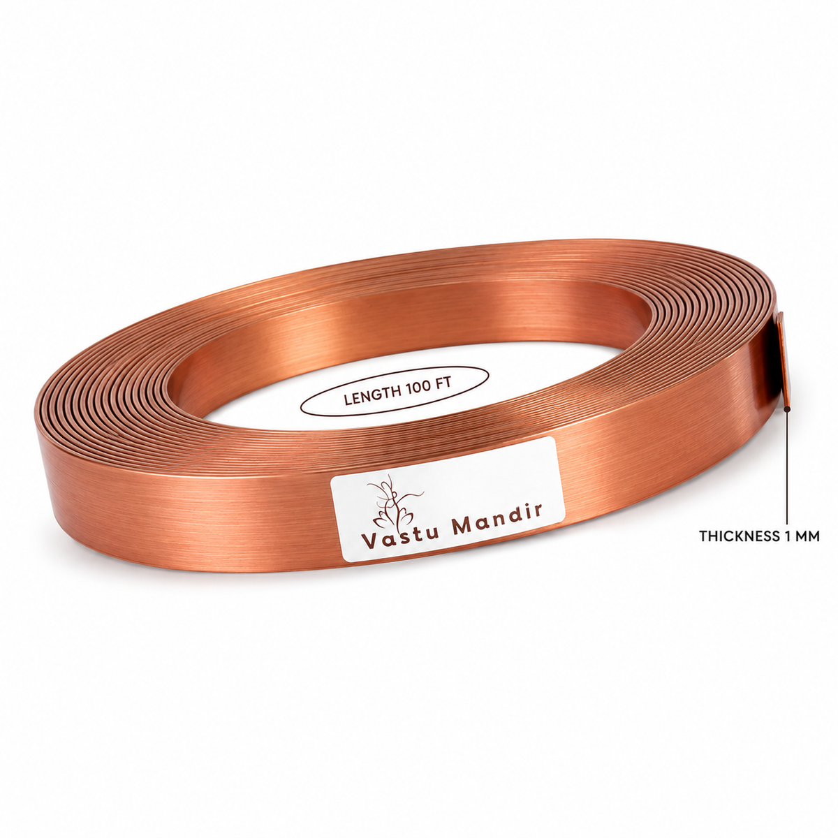 Pure copper Vastu strip coil labelled 100 feet and 1 mm thickness