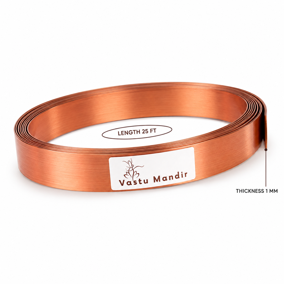 Pure copper Vastu strip coil labelled 25 feet and 1 mm thickness