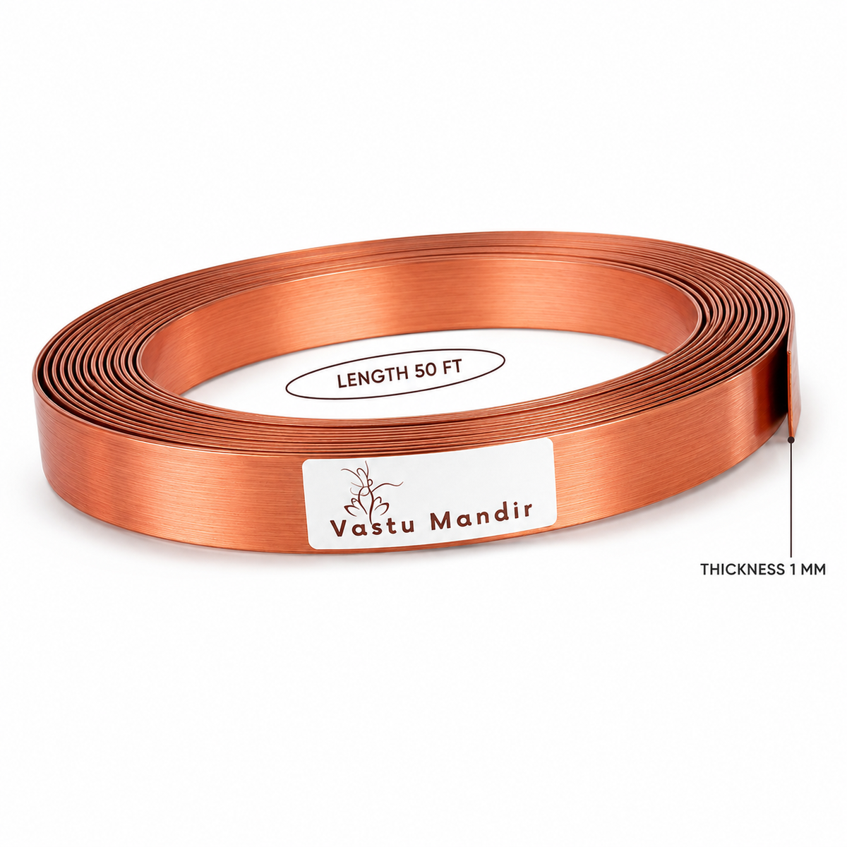 Pure copper Vastu strip coil labelled 50 feet and 1 mm thickness
