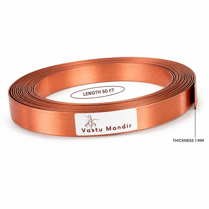 Pure copper Vastu strip coil labelled 50 feet and 1 mm thickness