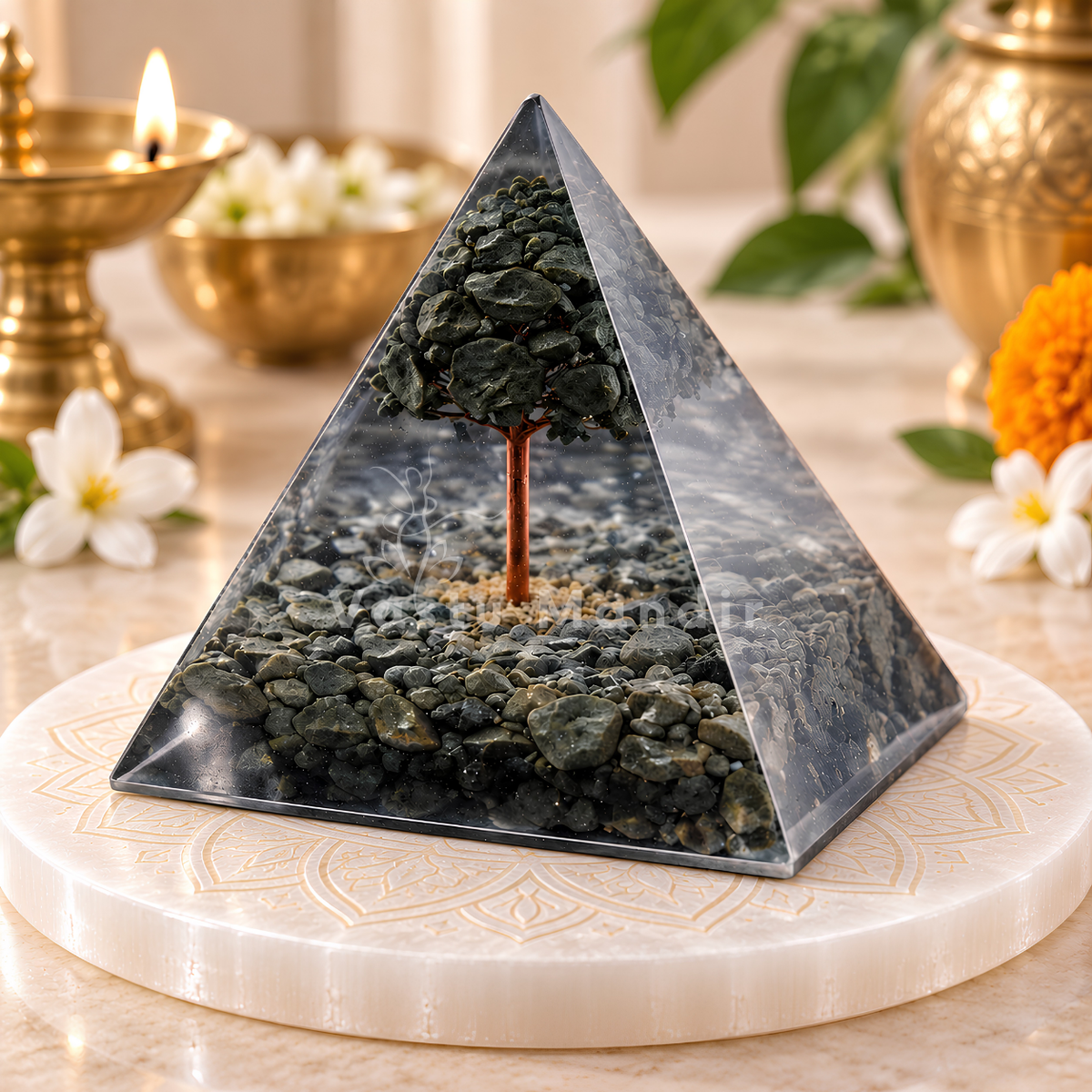Pyrite Tree Orgone Pyramid Vastu Remedy for Wealth Magnetism, Financial Luck and Aura Protection with Natural Gemstone Energy for Home and Office Placement | 8 cm | 150 g