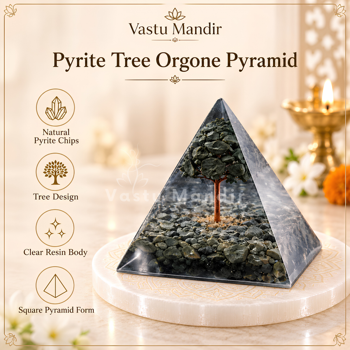 Pyrite Tree Orgone Pyramid Vastu Remedy for Wealth Magnetism, Financial Luck and Aura Protection with Natural Gemstone Energy for Home and Office Placement | 8 cm | 150 g
