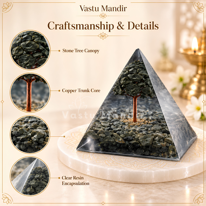 Pyrite Tree Orgone Pyramid Vastu Remedy for Wealth Magnetism, Financial Luck and Aura Protection with Natural Gemstone Energy for Home and Office Placement | 8 cm | 150 g