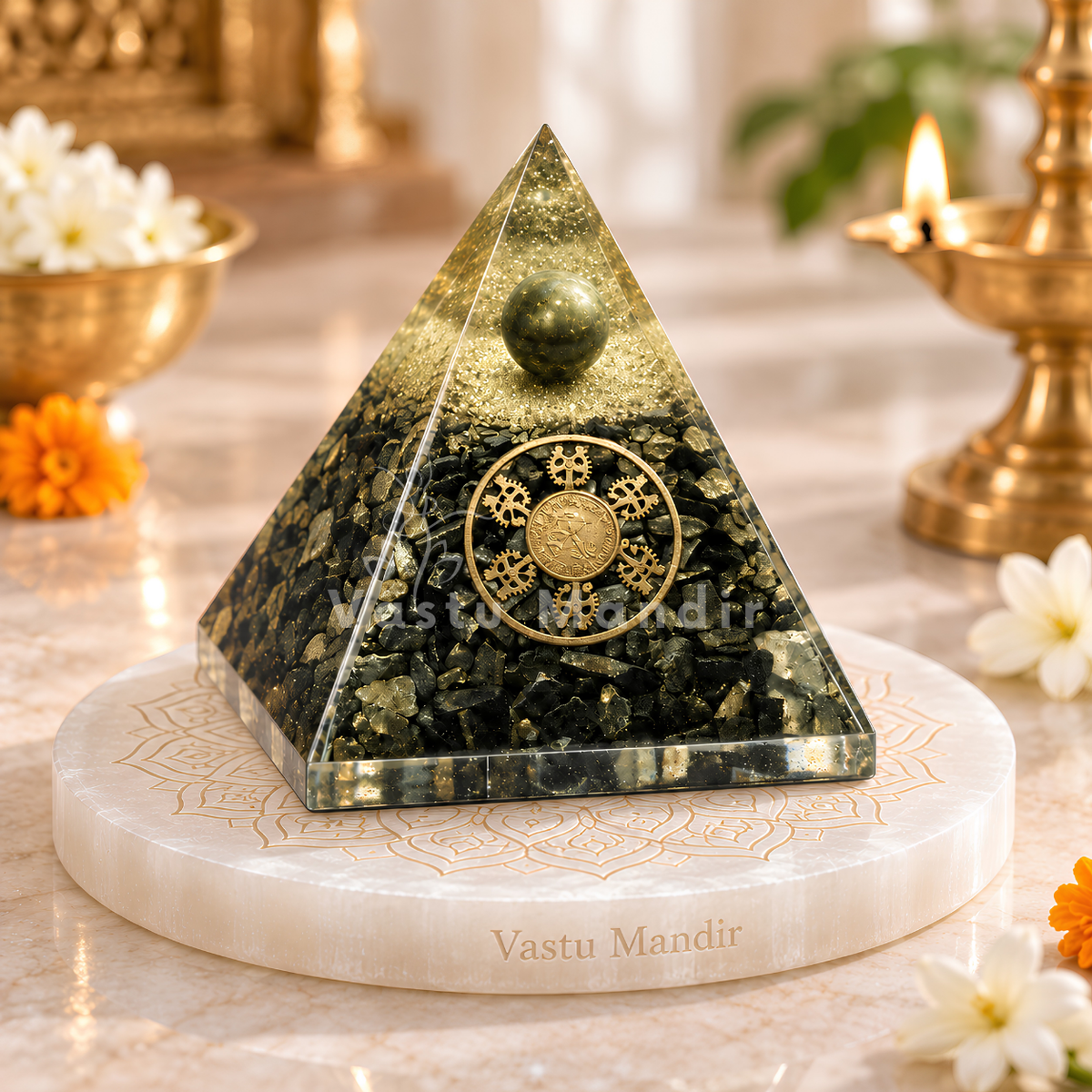 Pyrite Zibu Coin Pyramid Vastu Remedy for Wealth Magnetism, and Energy Protection for Home, Office, Business and Prosperity Placement | 8 cm | 140 g