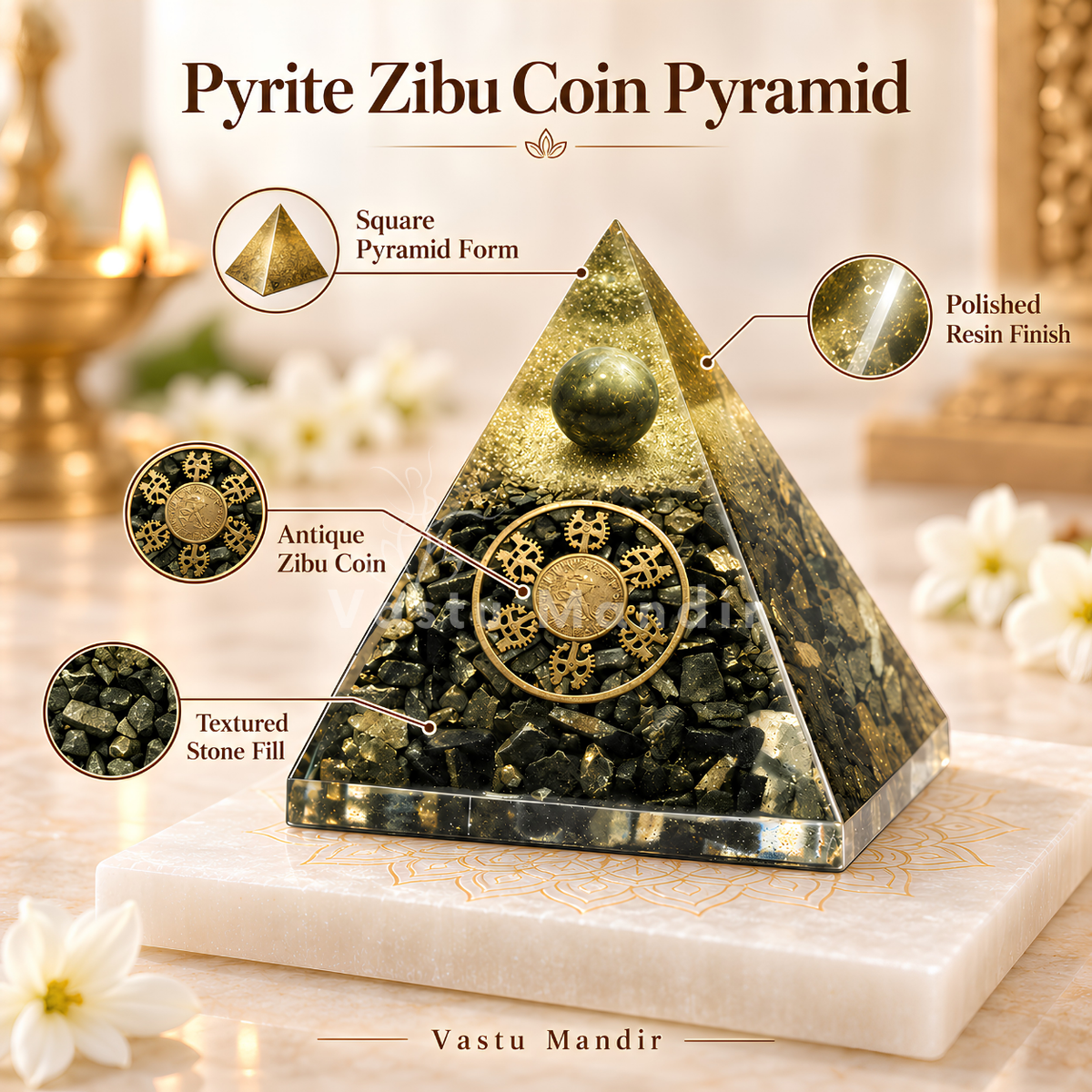 Pyrite Zibu Coin Pyramid Vastu Remedy for Wealth Magnetism, and Energy Protection for Home, Office, Business and Prosperity Placement | 8 cm | 140 g