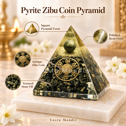 Pyrite Zibu Coin Pyramid Vastu Remedy for Wealth Magnetism, and Energy Protection for Home, Office, Business and Prosperity Placement | 8 cm | 140 g