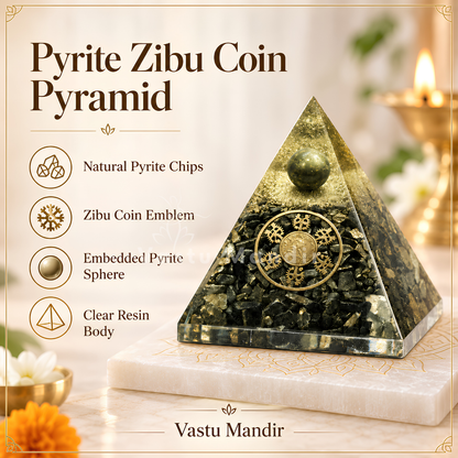 Pyrite Zibu Coin Pyramid Vastu Remedy for Wealth Magnetism, and Energy Protection for Home, Office, Business and Prosperity Placement | 8 cm | 140 g
