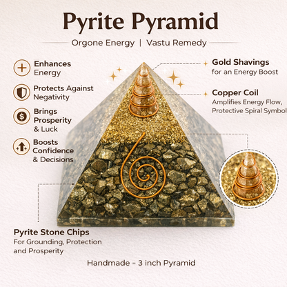 Pyrite pyramid vastu remedy with gold shavings, copper coil, and pyrite stone chips on a beige background.