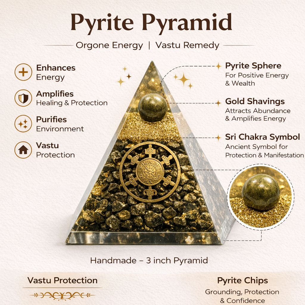Pyrite Zibu Coin Pyramid with orgone energy and vastu remedy properties on a white background