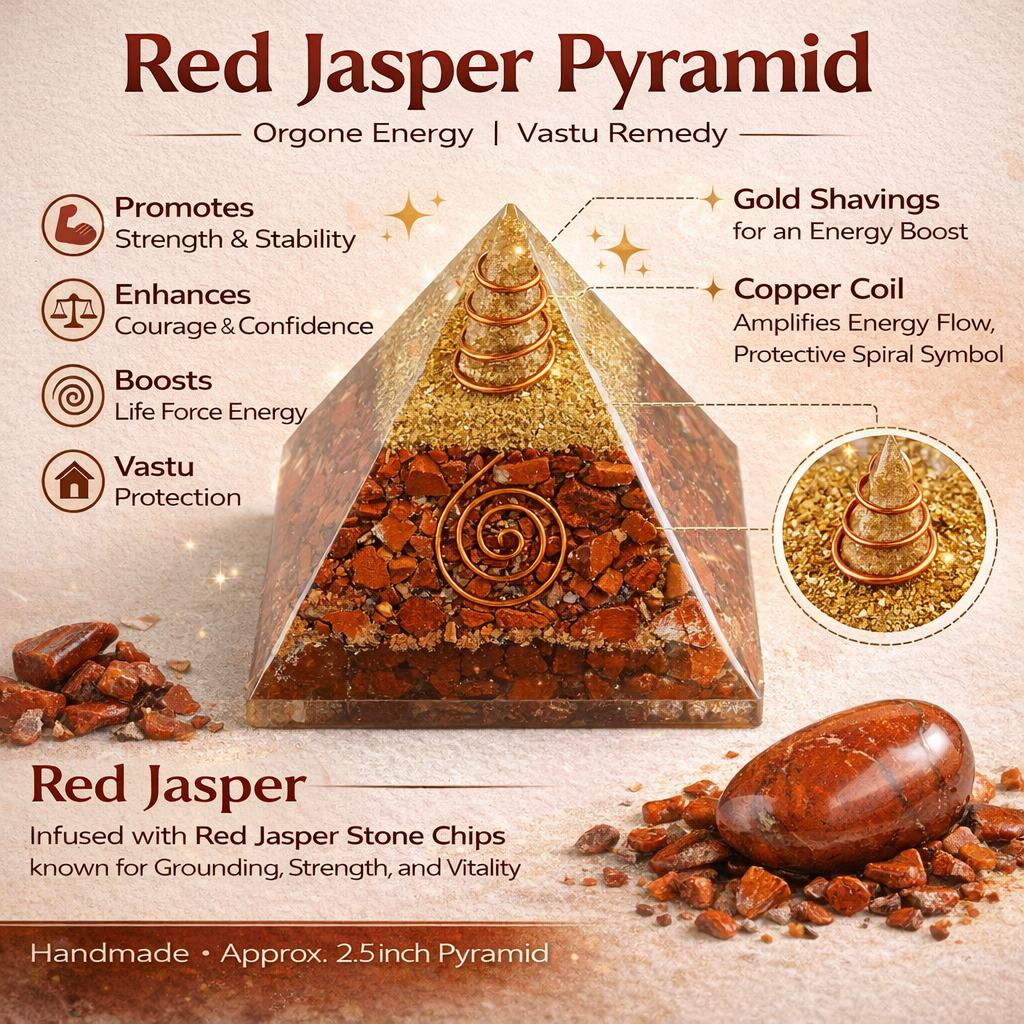 Red Jasper Pyramid with gold shavings and copper coil on a beige background