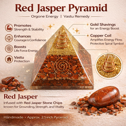 Red Jasper Pyramid with gold shavings and copper coil on a beige background