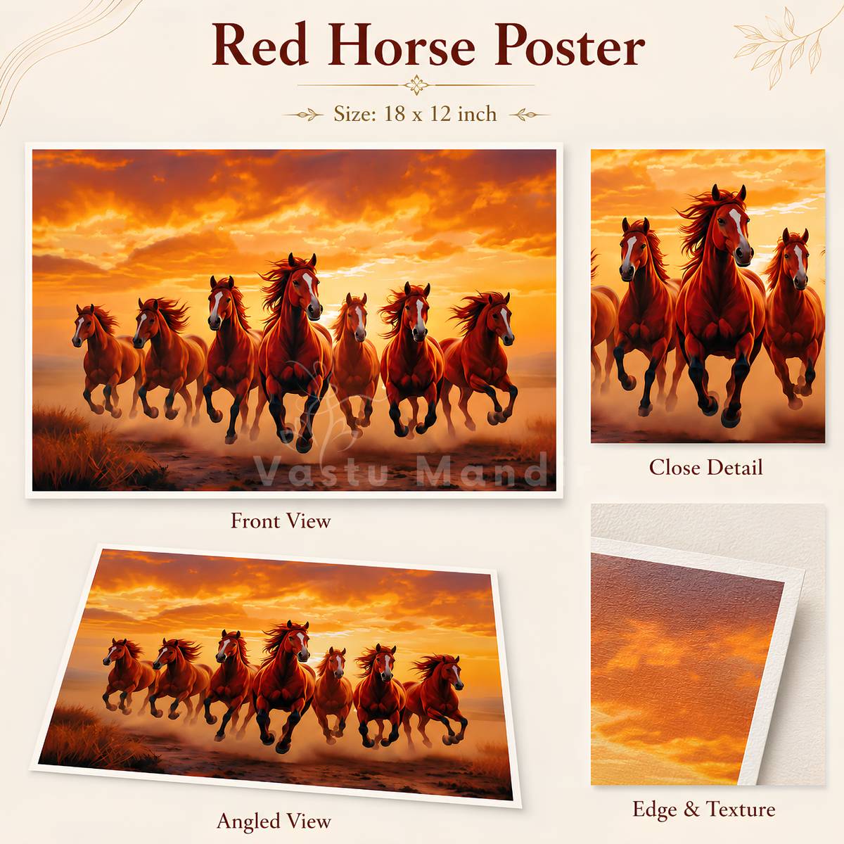 Framed red seven horses painting shown above a sofa