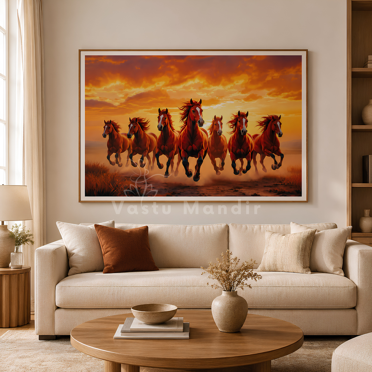 Red seven horses wall art displayed on a light interior wall