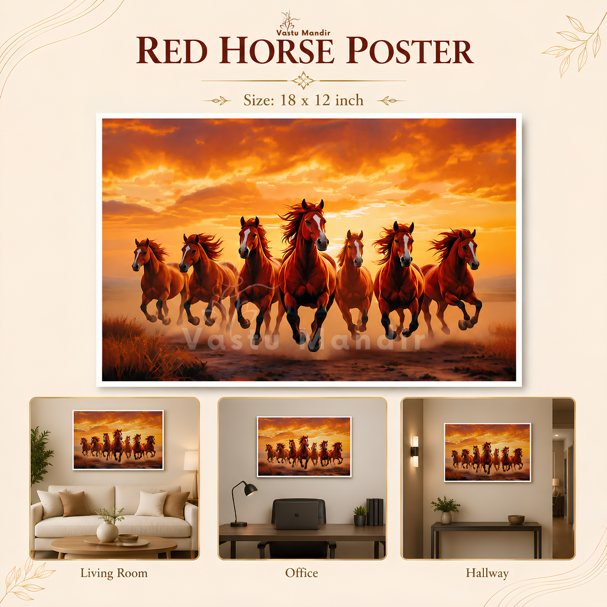 Red seven horses painting shown with available frame options