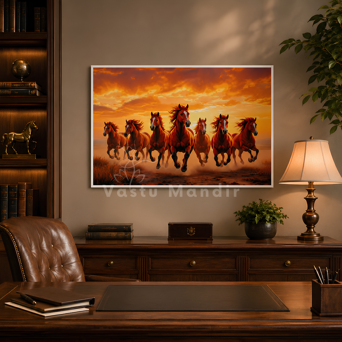 Front view of the framed red seven horses painting