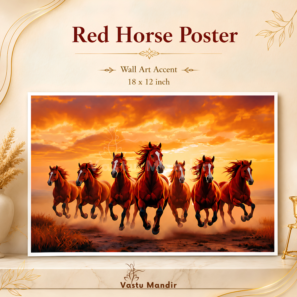 Close-up of the running horses and flowing manes in the red artwork
