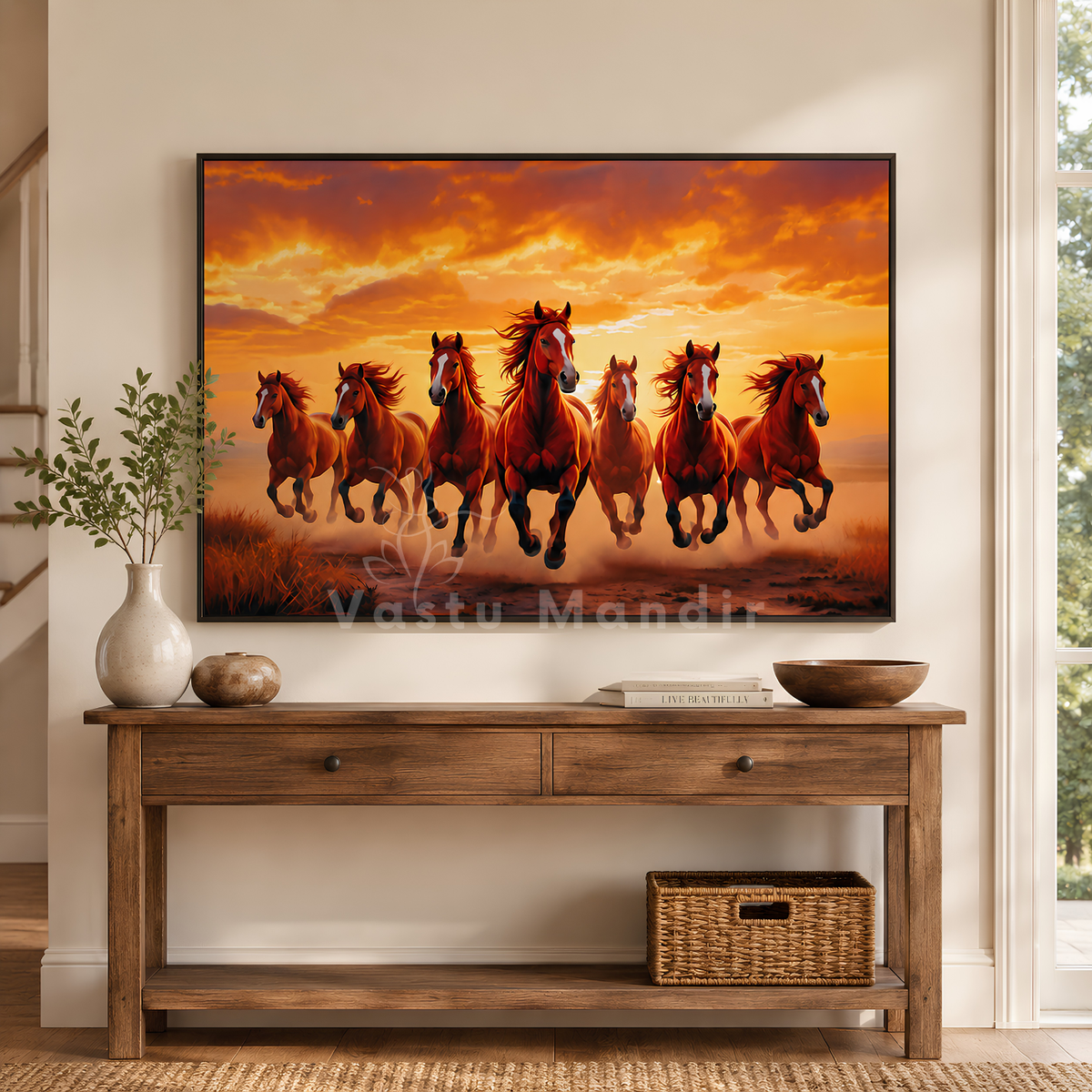 Red seven horses artwork detail showing the background landscape