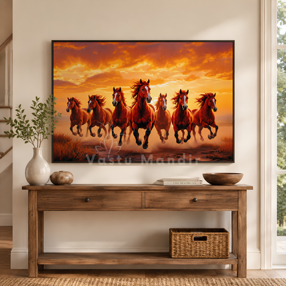 Red seven horses artwork detail showing the background landscape