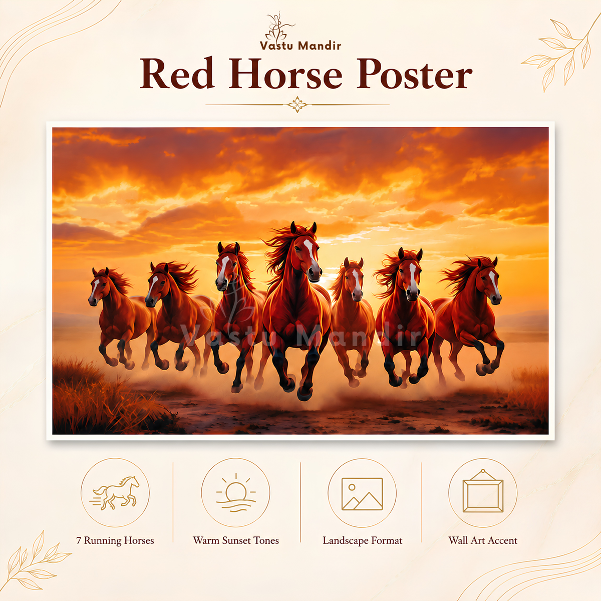 Red running horses artwork detail with a dramatic landscape