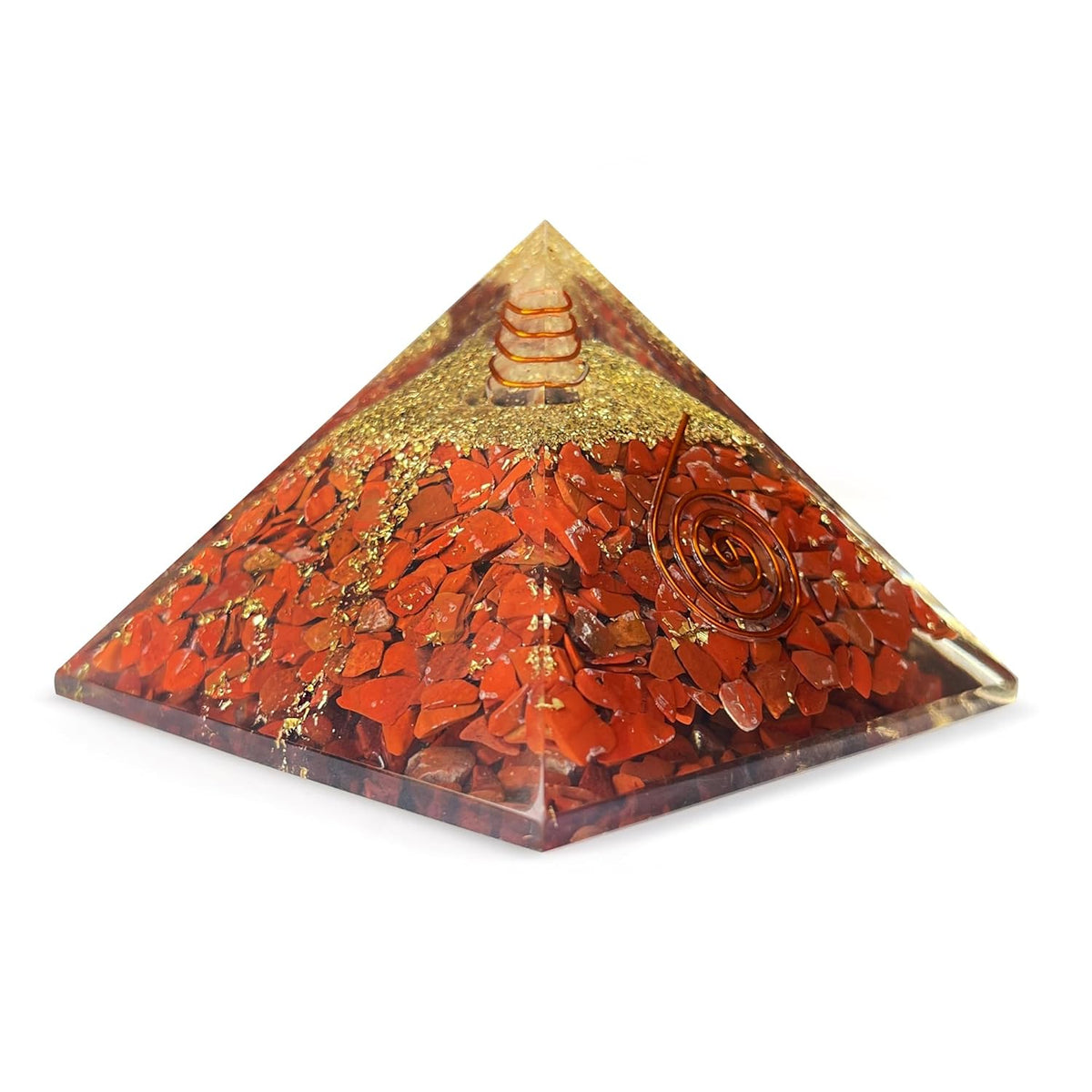 Red Jasper Pyramid Vastu Remedy object with red and gold colors on a white background