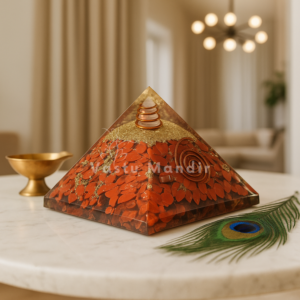 Red Jasper Orgonite Pyramid on a marble surface, featuring the brand 'Vastu Mandir'.