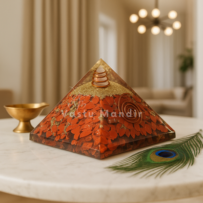 Red Jasper Orgonite Pyramid on a marble surface, featuring the brand 'Vastu Mandir'.