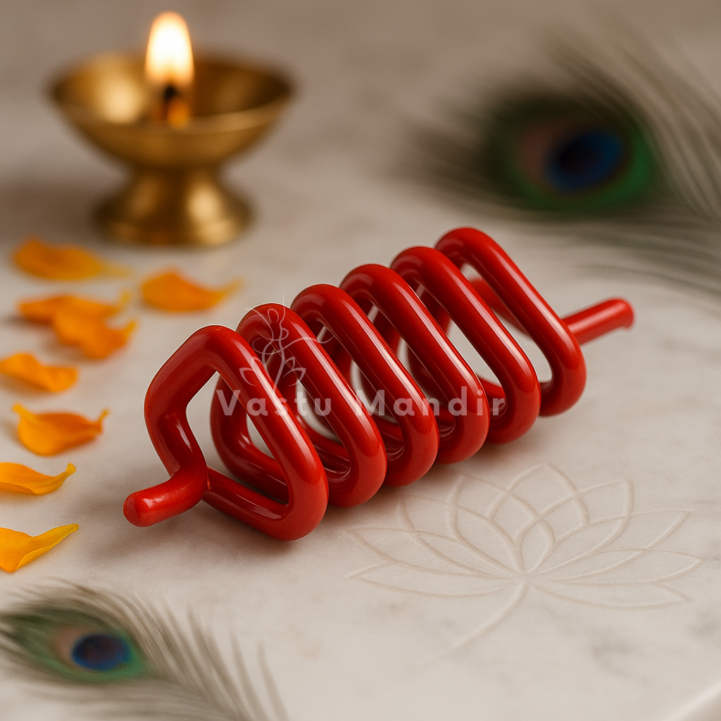 Red Vastu Spring on a textured surface with a lit gold lamp and peacock feathers in the background.