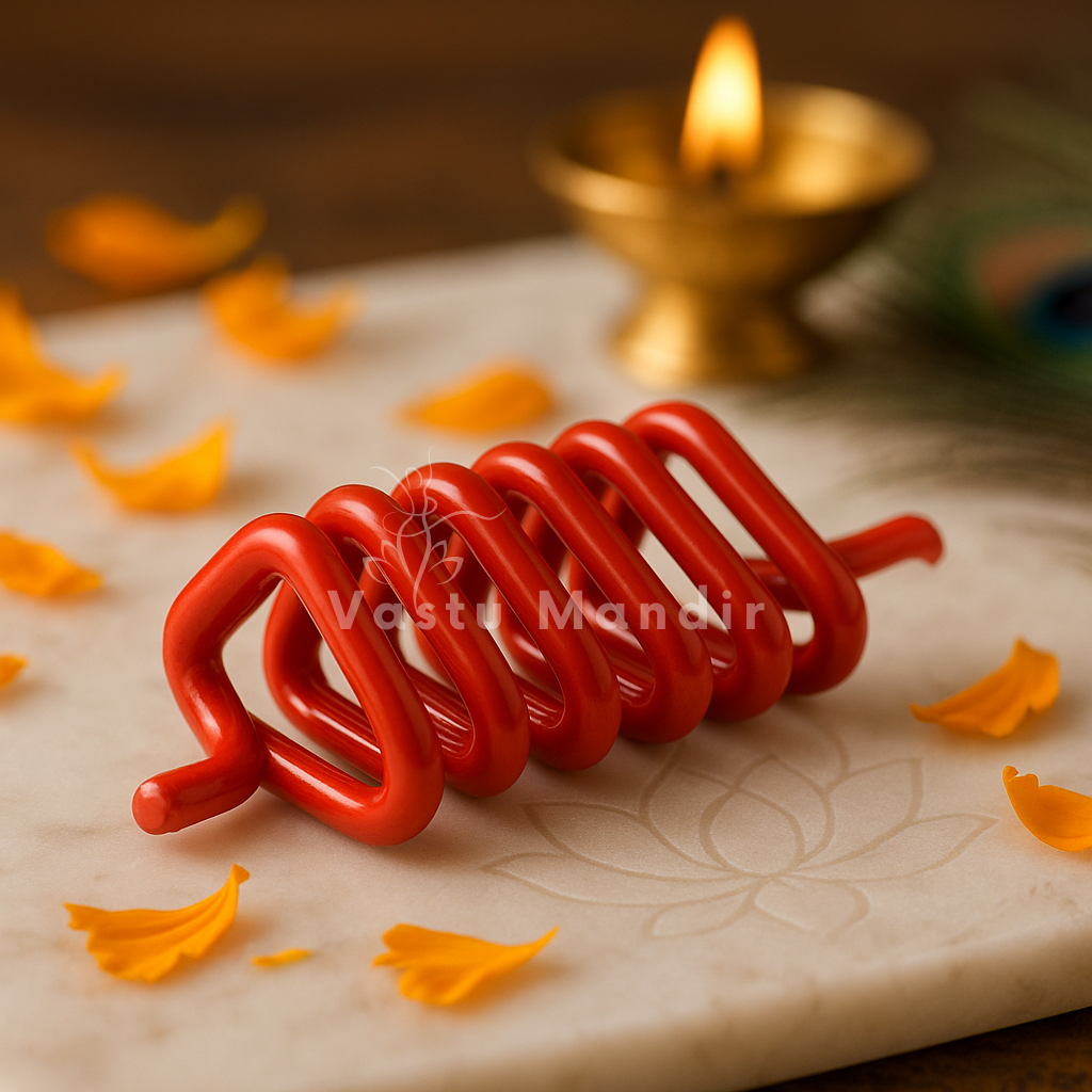 Red Vastu Spring on a marble surface with floral petals and a lit lamp in the background