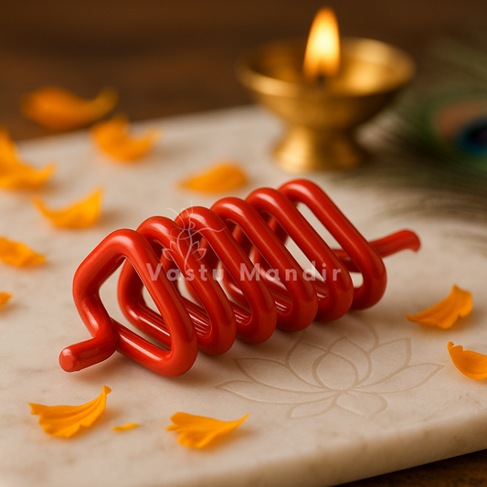 Red Vastu Spring on a marble surface with floral petals and a lit lamp in the background