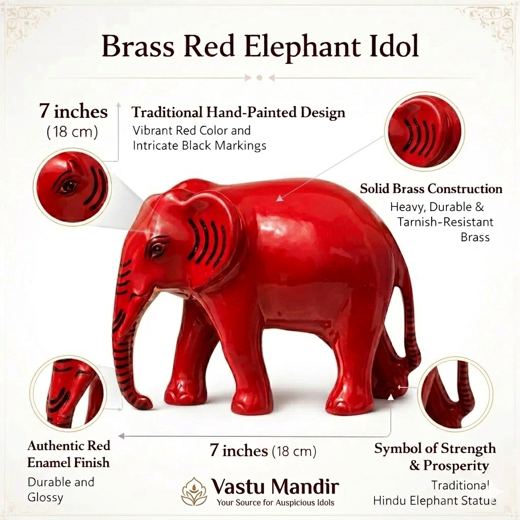 Red-finish elephant idol feature infographic highlighting the red finish and trunk details