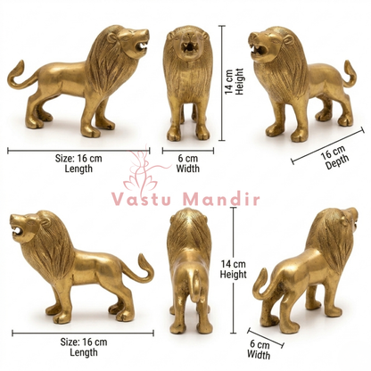 Brass lion figurines with dimensions labeled on a white background, featuring the brand 'Vastu Mandir'.