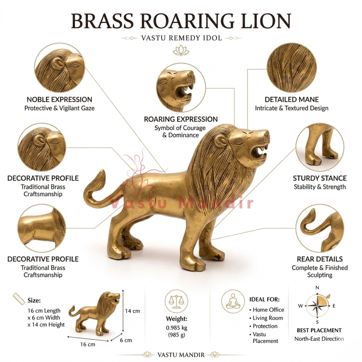 Brass Roaring Lion Vastu Remedy Idol with detailed features and specifications on a white background.