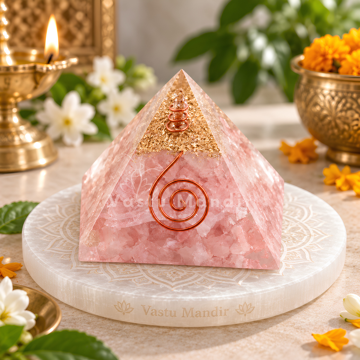 Rose Quartz Orgonite Pyramid Vastu Remedy for Love, Relationship Harmony and Heart Chakra Healing for Bedroom, Couple Spaces and Emotional Balance | 6.5 cm | 110 g