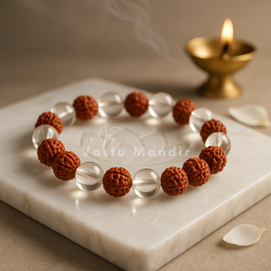 Bracelet with brown beads and clear stones on a marble surface with a lit candle in the background.